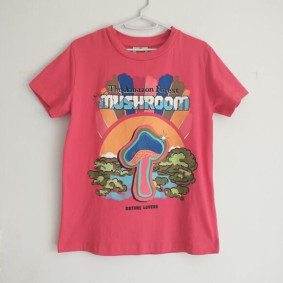 Farm Rio T Shirt Womens S Red Cotton Amazon Forest Mushroom Print Colorful Casua - Picture 1 of 13